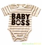   Unisex Feliratos Dupla Patentos Rövid Ujjú Body (Baby Boss)(Drapp, Szürke/Piros)(50-104cm)