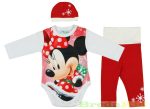   Disney Minnie Bébi 3 Részes Szett (Karácsonyi)(Body, Nadrág, Sapka)(Fehér, Piros Ujjú)(56-86cm)